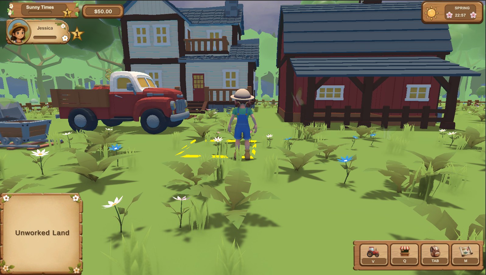 In-game: Jessica stands on unworked land in front of the farmhouse, barn, and red truck