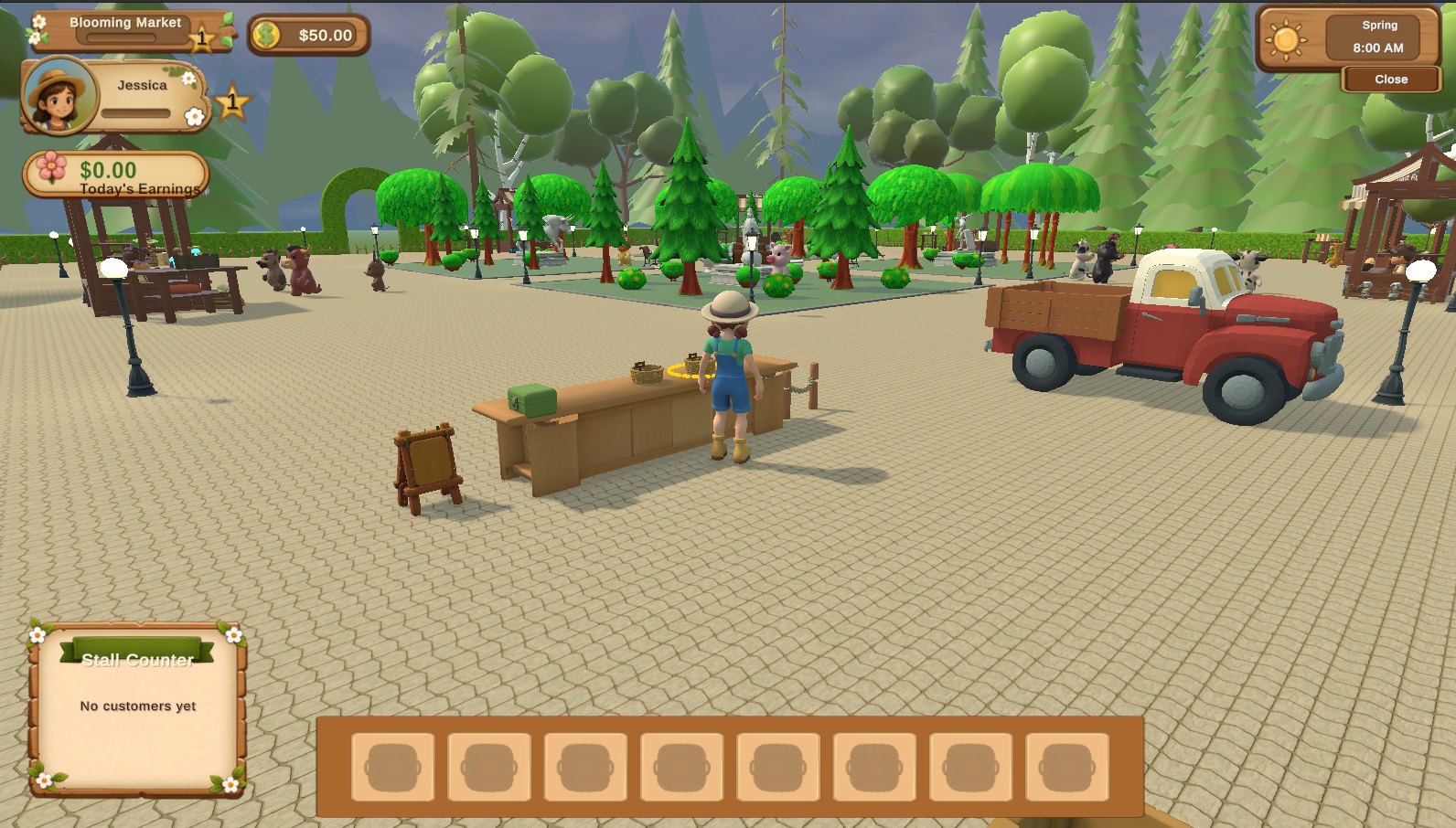 In-game: Jessica at her stall counter in the Blooming Market plaza at 8:00 AM